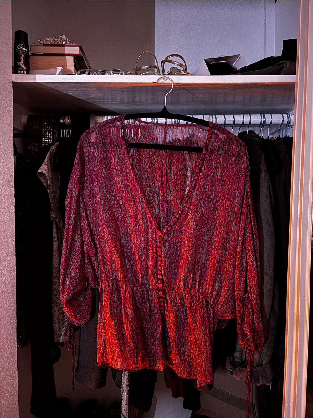 Womens Red Multi-Stripe V-Neck Button Front Blouse
